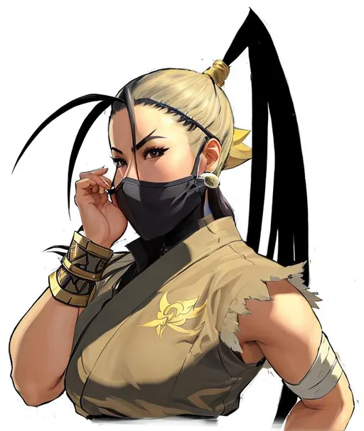 Prompt: a painting of a woman with a ninja star in her hand, fighting game character, portrait of Ibuki from Street Fighter, martial artist dryad, akali, hadouken, official character art, wielding kunai, inspired by Ju Lian, jin kagetsu, ninja face mask, concept game character