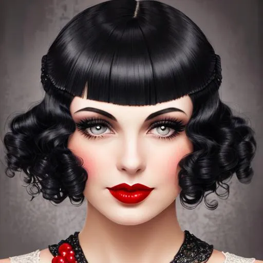 Prompt: 20's fashionable  flapper girl,black finger curl hair, red lips, facial closeup
