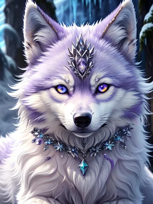 Prompt: (masterpiece, professional oil painting, epic digital art, best quality, unreal engine, UHD:1.5), epic ((wolf)), ice elemental, silky silver-lilac fur covered in frost, extreme close up, close up, extremely detailed, timid, ((insanely detailed alert amethyst eyes, sharp focus eyes)), gorgeous 8k eyes, fluffy silver neck ruff covered in frost, two tails, (plump), extremely beautiful, fluffy chest, enchanted, magical, magic blue fur highlights, finely detailed fur, hyper detailed fur, (soft silky insanely detailed fur), presenting magical jewel, moonlight beaming, starry sky, frolicking in frosted meadow, grassy field covered in frost, cool colors, professional, symmetric, golden ratio, unreal engine, depth, volumetric lighting, rich oil medium, (brilliant auroras), (ice storm), full body focus, beautifully detailed background, cinematic, 64K, UHD, intricate detail, high quality, high detail, masterpiece, intricate facial detail, high quality, detailed face, intricate quality, intricate eye detail, highly detailed, high resolution scan, intricate detailed, highly detailed face, very detailed, high resolution