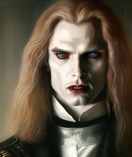 Prompt: Portrait of the vampire lestat with white hair and with imposing face, cyberpunk, perfect composition, hyperrealistic, super detailed, 8k, high quality, trending art, trending on artstation, sharp focus, studio photo, intricate details, highly detailed, by greg rutkowski