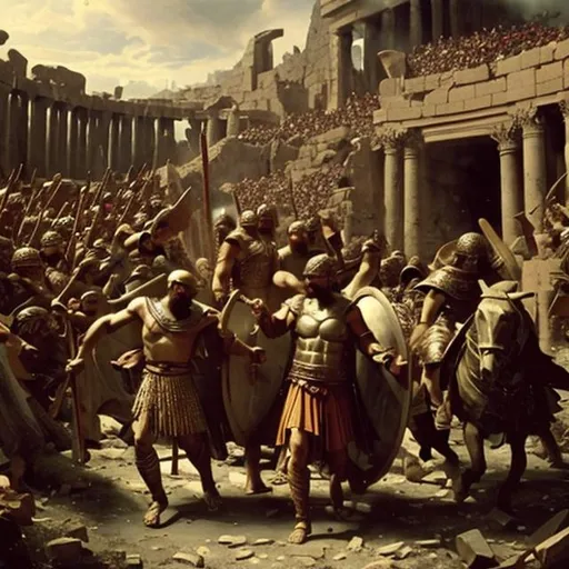 Prompt: Xerxes I enters in a destroyed Sparta as a conqueror