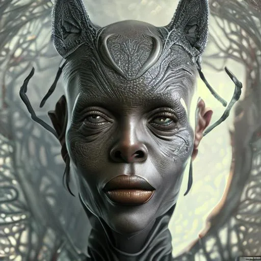 Prompt: portrait painting of a grey female alien that looks like a young Foxy Brown, upper body, ultra realistic, concept art, intricate details, eerie, highly detailed, photorealistic, octane render, 8 k, unreal engine, Chesley Bonestell, Karel Thole, Jim Burns, Enki Bilal