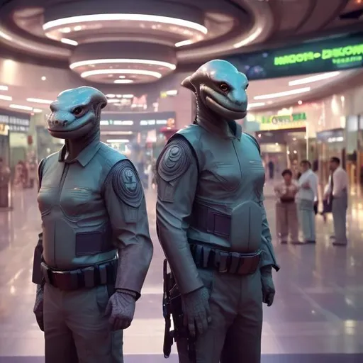 Prompt: Komodo Dragon security guards in a busy alien mall, widescreen, infinity vanishing point, galaxy background, surprise easter egg