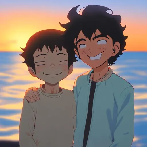 Prompt: zenitsu smiling at the sunset