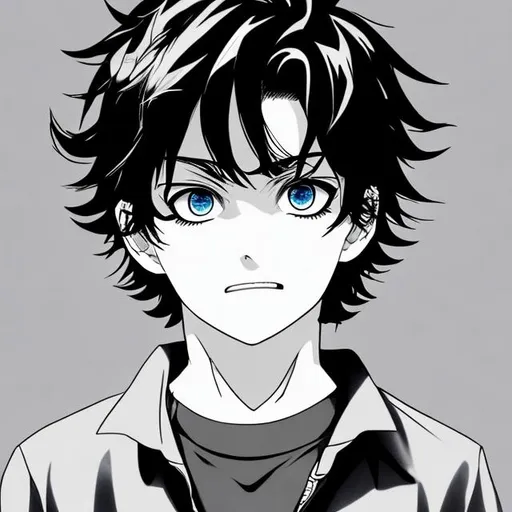 Prompt: boy, black ruffled hair, bright blue eyes with bags underneath, a dazed and tired expression, and teeth are noticeably sharp and angular., manga style
