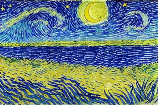 Prompt: A landscape painting of a tropical beach at night, with a dark Pandanus silhouette on the left foreground, with deep ultramarine blues and bright yellows, a starry night and one moon in the background, in style the of Vincent Van Gogh