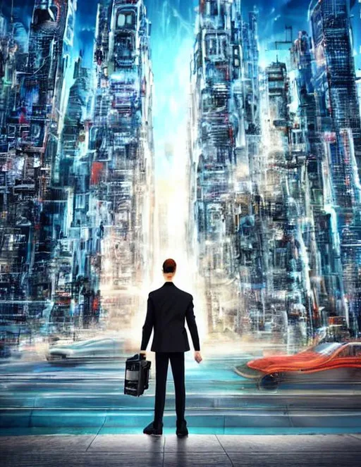 Prompt: A photorealistic painting of a time traveler standing in front of a cityscape from the future. The time traveler is wearing a futuristic outfit and is holding a time machine. The cityscape is full of tall buildings and flying cars.