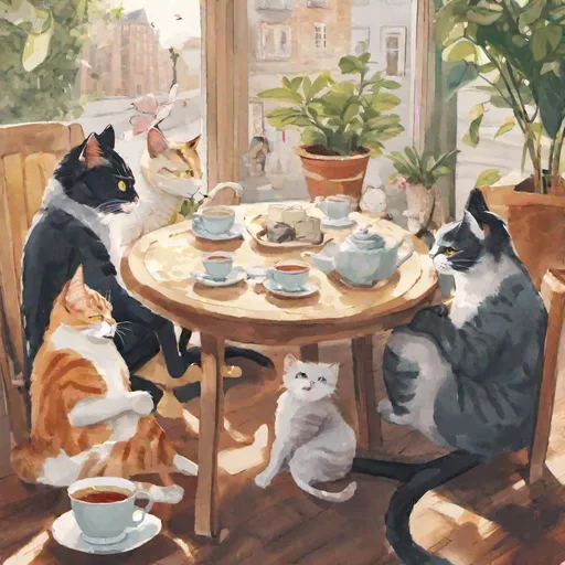 Prompt: Cat sipping tea with friends at coffe table