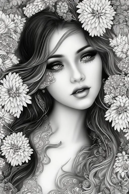 Prompt: coloring page , black and white of detailed beautiftul girl, with flowers,  clear facial features, symmetrical ,long blonde wild hair with pearls,  fantasy, smooth lines, beautfiful , dreamy, details, black and white, simple, 