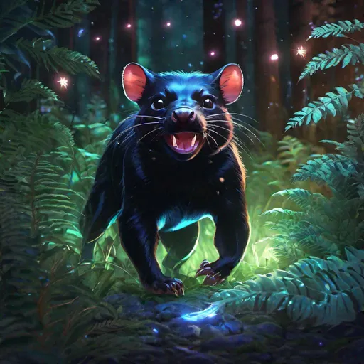 Prompt: A fantasy translucent tasmanian devil that is glowing, in the undergrowth surrounded by ferns, beneath the stars, bioluminescent, highres, best quality, concept art