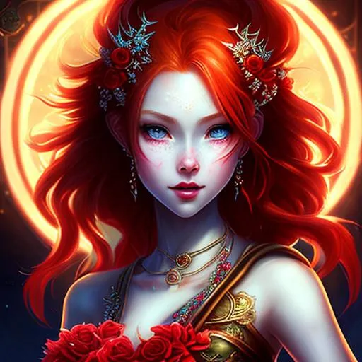 Prompt: Firika Mia Shatana, Nuki Doki!, young pale skinny white girl, red hair, full body, cover, hyperdetailed painting, luminism, Bar lighting, complex, 4k resolution , realistic steampunk, fractal isometrics details bioluminescens : a stunning realistic photograph 30 years , redhead,awesome with big white flowers tiara of wet bone structure, 3d render, octane render, intricately detailed, titanium decorative headdress, cinematic, trending on artstation | Isometric | Centered hipereallistic cover photo awesome full color, hand drawn, dark, gritty, hit definition , cinematic,Rough sketch, mix of bold dark lines and loose lines, bold lines, on paper , full body with succubusgirl dress, humanoid, Full body.