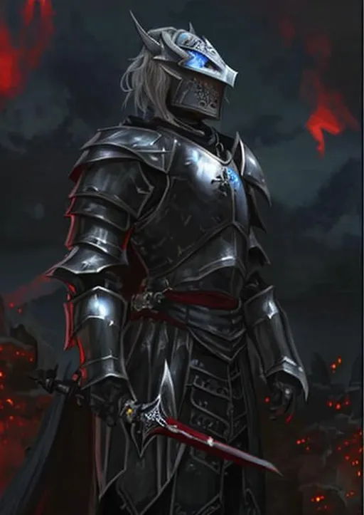 Prompt: A medieval Dark Knight in dragon scale armor with glowing blue eyes peeking out of the helmed and a Dark cloud trails behind him. He would carry a broad Longsword decorated with a small dragonscull in his right hand. His chest armor has a red gem as decoration.
Fine art.