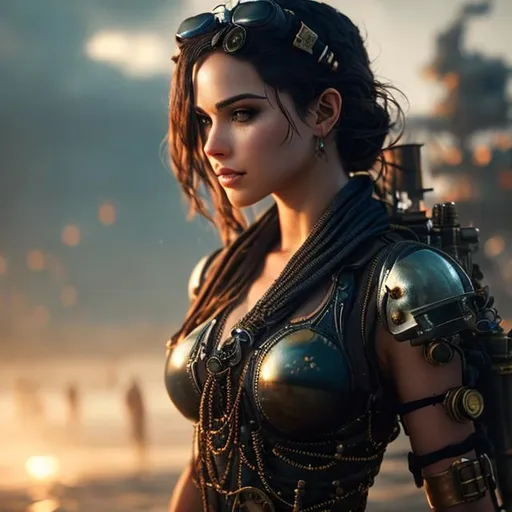Prompt: steampunk female wearing a swimsuit at a beach party, phot followed by other female, ultra high detail, hyper realistic, realistic concept art. sense of awe and scale, in the art style of Filip Hodas, a grimdark dystopian cyberpunk post-apocalyptic style, --ar 16:8