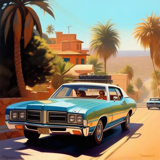 Prompt: 1970s, San Juan, car chase, sunny weather, warm atmosphere, cartoony style, extremely detailed painting by Greg Rutkowski and by Henry Justice Ford and by Steve Henderson