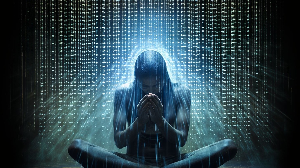 Prompt: spiritual praying beings emerge from the spiritual dot matrix