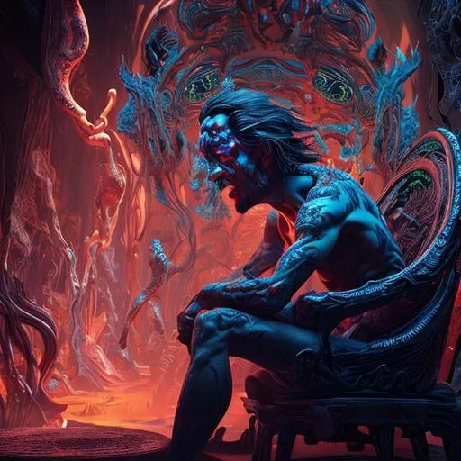 Prompt: man who is having a psychedelic hallucination of the underworld side view seated on a chair with his head in his hands detailed faces hyper realistic extremely detailed dark cinematic 4K