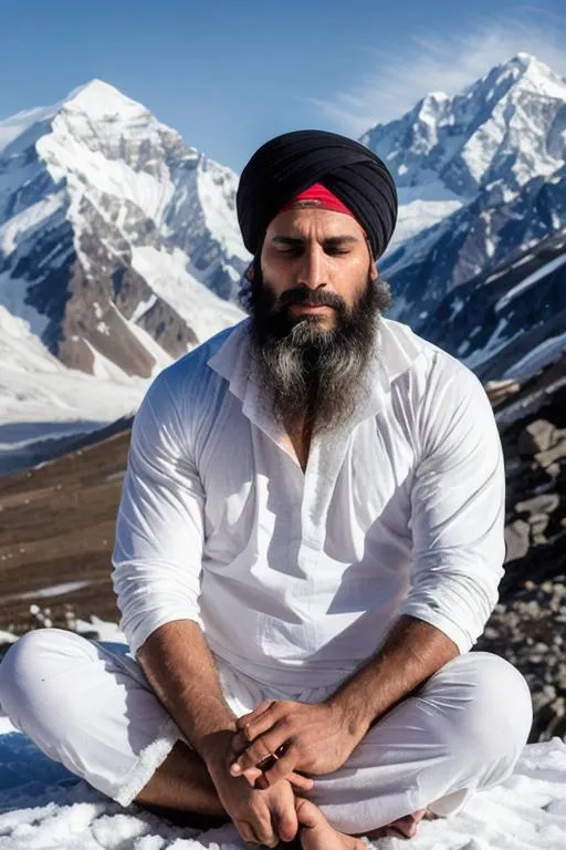 Prompt: portrait of blissful strong kashmiri yogi, with rugged face, white kameez, snow, kailash mountain, meditating, sitting, closed eyes, arena, perfect composition, hyperrealistic, super detailed, 8k, high quality, trending art, trending on artstation, sharp focus, studio photo, intricate details, highly detailed, by greg rutkowski