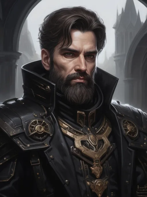 Prompt: ((Full-body)) oil painting of a male Warhammer 40k sanctioned psyker, (short thick brown hair), (styled full brown beard), worry lines, highly detailed piercing {brown eyes}, oil painting, intense gaze, wh40k, dark black clothing, painterly, painted, dark black gunmetal hi-tech psyker light armor, psyker epaulets, dark black gunmetal 40k psyker hi-tech gear, ((psyker)), Caucasian, (up-lit {up lit} {under lit} under-lit face), epic confident standing pose, {black duster trench-coat}, {black caped greatcoat}, {black military gaiters}, {black heavy-sole boots}, {black gloves}, {matte black psyker hi-tech (chest armor)}, highly detailed background, 40k imperium of man high gothic architecture background, Warhammer 40k, highly detailed facial features, soft art style, soft highlights, soft shadows, impressionist brushwork, {proportionate normal-sized forehead}