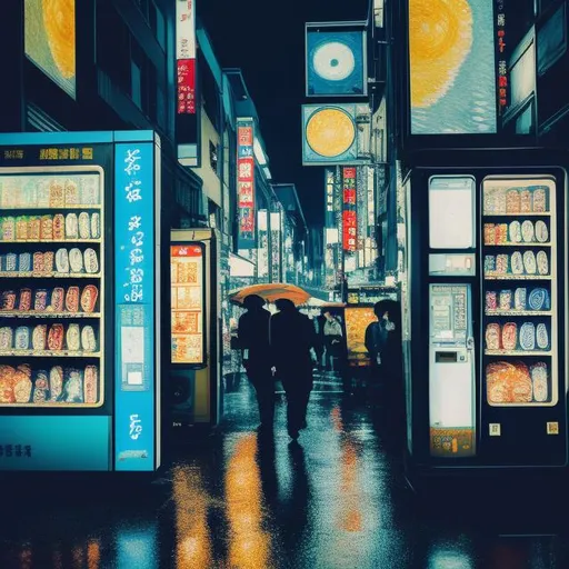 Prompt: Van Gogh. Vending Machines. Rainy street in Osaka, Japan. 