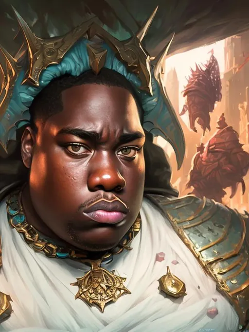 Prompt: Notorious B.I.G. Warrior, Beautiful D&D Character Portrait, Colorful Fantasy, Detailed, Realistic Face, Digital Portrait, Intricate Armor, Fiverr Dnd Character, Wlop, Stanley Artgerm Lau, Ilya Kuvshinov, Artstation, Hd, Octane Render, Hyperrealism, Character Design, Marvel Comics