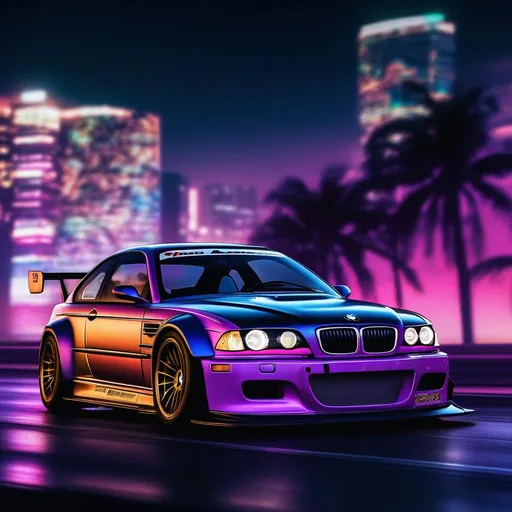 Prompt: 2001 BMW M3 E46 GTR, synthwave, aesthetic cyberpunk, miami, highway, dusk, neon lights, coastal highway, dusk, neon lights, coastal highway, sunset, drift, nurburgring, water on the road, blade runner, 8k, watercolor, macro sharp focus, 8, hyper realistic, cinematic, highly detailed, photoraelistic, clean