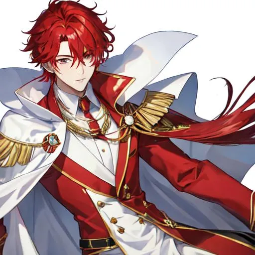 Prompt: Zerif 1male (Red side-swept hair covering his right eye) wearing a royal suit, white cape, 