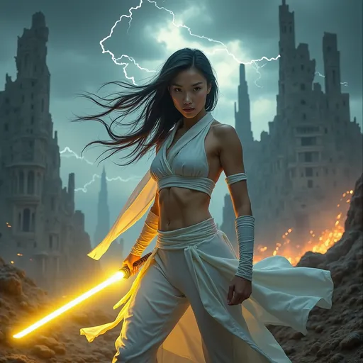 Prompt: Clad in a sleek, white flowing outfit that highlights her athletic frame, a young Asian woman stands in a dramatic landscape ready for battle, wielding a glowing yellow Kitana-style lightsaber. Her dark hair is flowing in the breeze, accentuating her fierce expression as she prepares for battle against the backdrop of a stormy sky, where flashes of lightning illuminate crumbling, modern structures that tower ominously. The atmosphere is charged, with swirling clouds and hints of fire in the distance, casting a dramatic glow that enhances the tension of the scene. Overall, the image conveys a sense of empowerment and urgency, blending elements of fantasy and adventure as the figure exudes confidence in an otherworldly setting. Photorealistic.