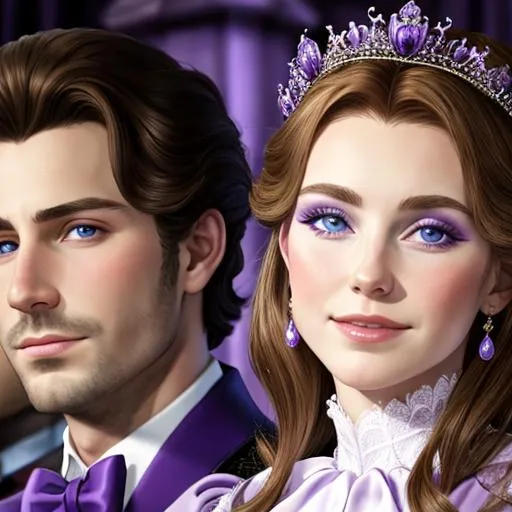 Prompt: European prince and princess wearing purple, facial closeup