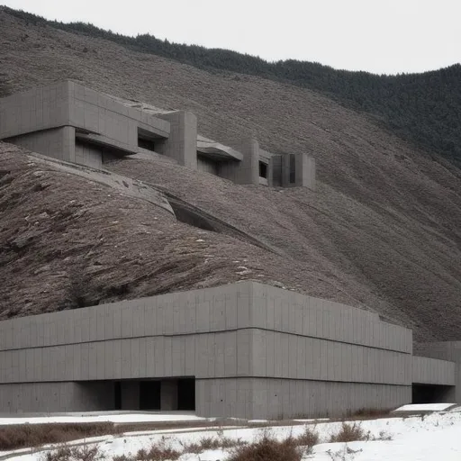 Prompt: a research facility on the side of a mountain, brutalist architecture