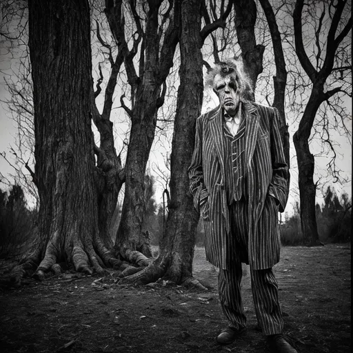 Old sad man with scarred face Grey scale  Wearing a striped suit Standing between old trees with 