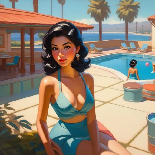 Prompt: Third person, gameplay, Japanese-American girl, olive skin, black hair, brown eyes, 1950s, Los Angeles, sunny hot weather, pool, blue atmosphere, cartoony style, extremely detailed painting by Greg Rutkowski and by Henry Justice Ford and by Steve Henderson 

