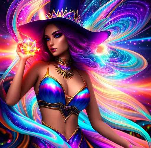 Prompt: psychedelic, twisted, cinematic, 3D, HD, {Female}Magician, {liquid}silk, sparkles, supernova, expansive psychedelic background, sunset, hyper realistic, 8K --s98500