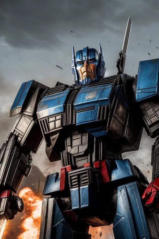Prompt: A realistic face portrait of Optimus Prime from Transformers in a battle scene. The subject is shown wielding a sword and shield, with explosions and debris in the background. The image features a detailed, textured environment with a mix of natural and artificial elements. The painting is done in oil on canvas and is in 4K resolution.
