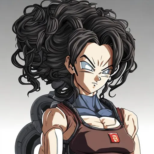 Prompt: Female android with long curly hair pretty dragon ball art style
