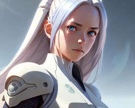 Prompt: Distant body and face portrait of a {Female Jedi}, wearing a jedi battlearmor, smooth soft skin, big dreamy eyes, beautiful white colored hair, symmetrical, anime wide eyes, soft lighting, detailed face, by makoto shinkai, stanley artgerm lau, wlop, rossdraws, concept art, digital painting, looking at the sky