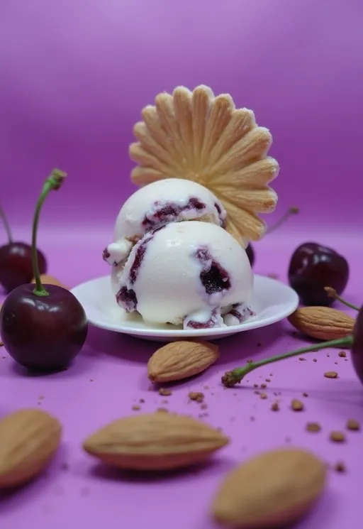 Prompt: cherry bakewell gelato floating above a forest full of cherries and almonds
