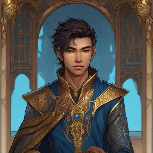 Prompt:  A cute male asian elf. Dark-golden skin. Renaissance gold and blue dress . Well draw face. Detailed. Changeling the dreaming art. Rpg art. 2d art. 2d.