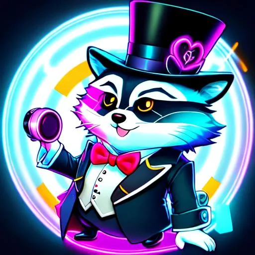 Prompt: round raccoon wearing (((top hat and monocle))) art style of sam yang and james jean! cute (((neon))) surrealism