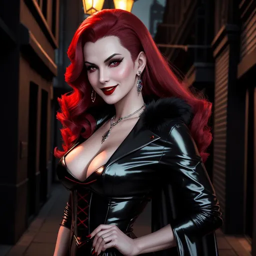 Prompt: Female vampire inspired by 1950's sitcom housewife, Clan Gangrel, she is looking down at the viewer, vampire the masquerade, detailed symmetrical face, attractive face, full body picture, bloodthirsty grin, showing perfect teeth, cyberpunk night time style background, well lit by street lights, vampire, 