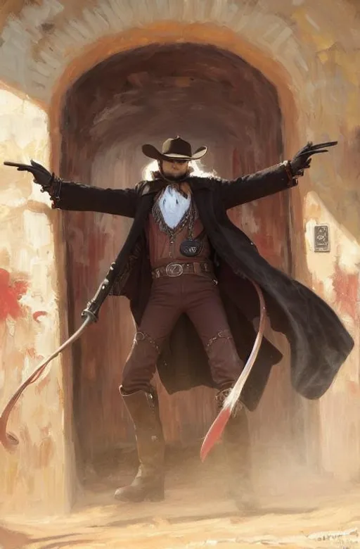 Prompt: Cyber Cowboy with 4 Arms, fiery red Poncho, Dressed in black duster and Stetson Cowboy Hat, with Red eyes, Haunting Presence, Intricately Detailed, Hyperdetailed, Desert Wild West Landscape, Dusty Midnight Lighting, Wild West Feel