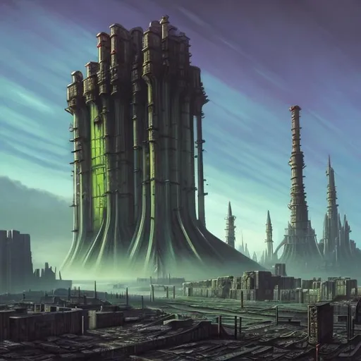 Prompt:  fantasy art style, painting, brutalist architecture, brutalism, brutalist, pipes, monument, cube, power plants, nuclear fusion, nuclear power, nuclear waste, bombs, torpedoes, misiles, concrete, neon lights, green neon lights, pollution, smog, fog