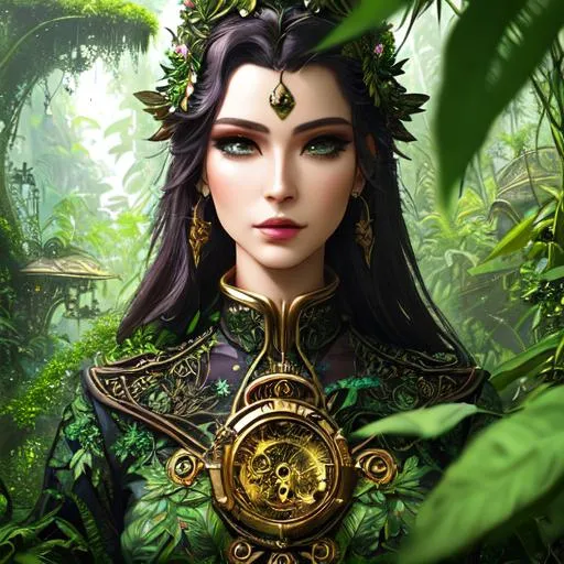 Prompt: Androgynous figure idol walking in a lush, overgrown jungle and ruin buildings, mystical, fantastical, dreamlike, intricate details, ecopunk, surreal, dreamy, 4k, futuristic details and bronze clockwork, realistic, painterly, whimsical, enchanting, charming, portrait, delicate details, portrait, close up, headshot