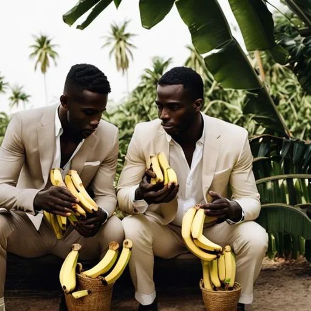 Prompt: Elegant men eat bananas under a palm