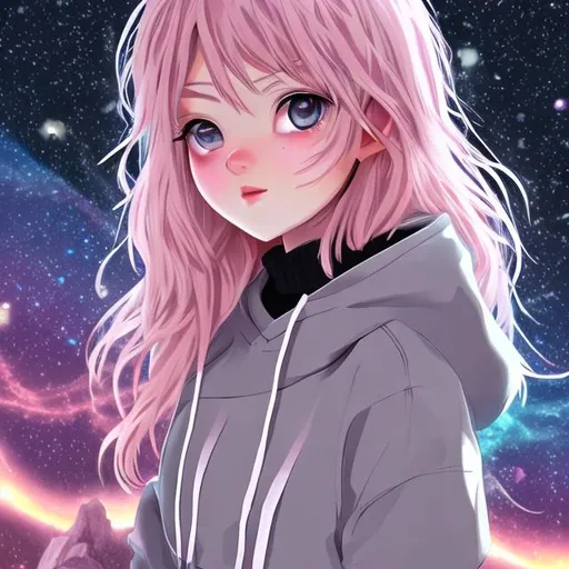 Prompt: anime girl with black hoodie, short, light faded pink hair brown eyes,  starry galaxy scenery extreme detail. animated, beautiful goddess like