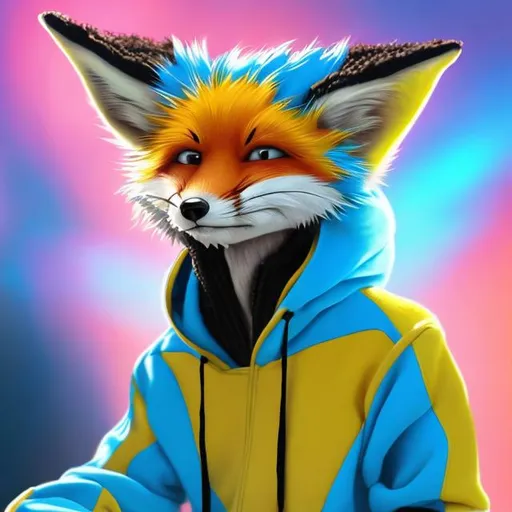 Prompt: Name: Water
Species: Fox
Fur Color: Vibrant yellow fur

Outfit:

Blue Hoodie: The blue hoodie features white text that reads "WATER."
Baseball Cap: Water wears a blue baseball cap under the hood of the hoodie.
Blue Fingerless Gloves: They have stylish blue fingerless gloves on their paws.
Sweatpants: Water sports comfortable blue sweatpants as part of their outfit.