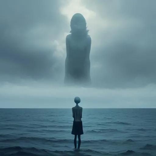 Prompt: Faceless skinny monster in the pacific ocean looming over tiny onlookers, clouds, misty, 