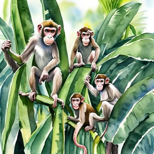 Prompt: Monkeys raiding a banana grove in watercolor