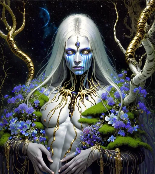 Prompt: full body shot of  beautiful animal, humanoid, perfect facial features, facial fur, night sky, indigo, moss, cream, silver eyes, gold and black striped body fur, long white luminescent glistening hair, in the style of Donato Giancola, Fragonard, in flower garden, darkness, glowing magical flowers, moonlight, by Android Jones, John Berkey, low volumetric glowing fog, background theme glowing stars, epic, painted, fantasy, beautiful rich deep colors,  global illumination, volumetric lighting, occlusion, 128K UHD Unreal Engine 5