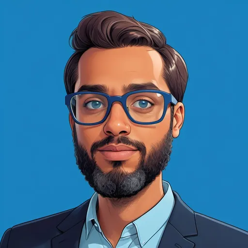 Prompt: a man with glasses and a beard is shown in a cartoon style, with a blue background and a blue background, Cedric Seaut (Keos Masons), les automatistes, animated, computer graphics