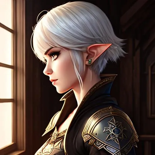 Prompt: half body portrait, female elf, fighter, detailed face, detailed eyes, full eyelashes, ultra detailed accessories, detailed interior, city background, simple tunic, short short hair, dnd, artwork, dark fantasy, tavern interior, looking outside from a window, inspired by D&D, concept art, night time
